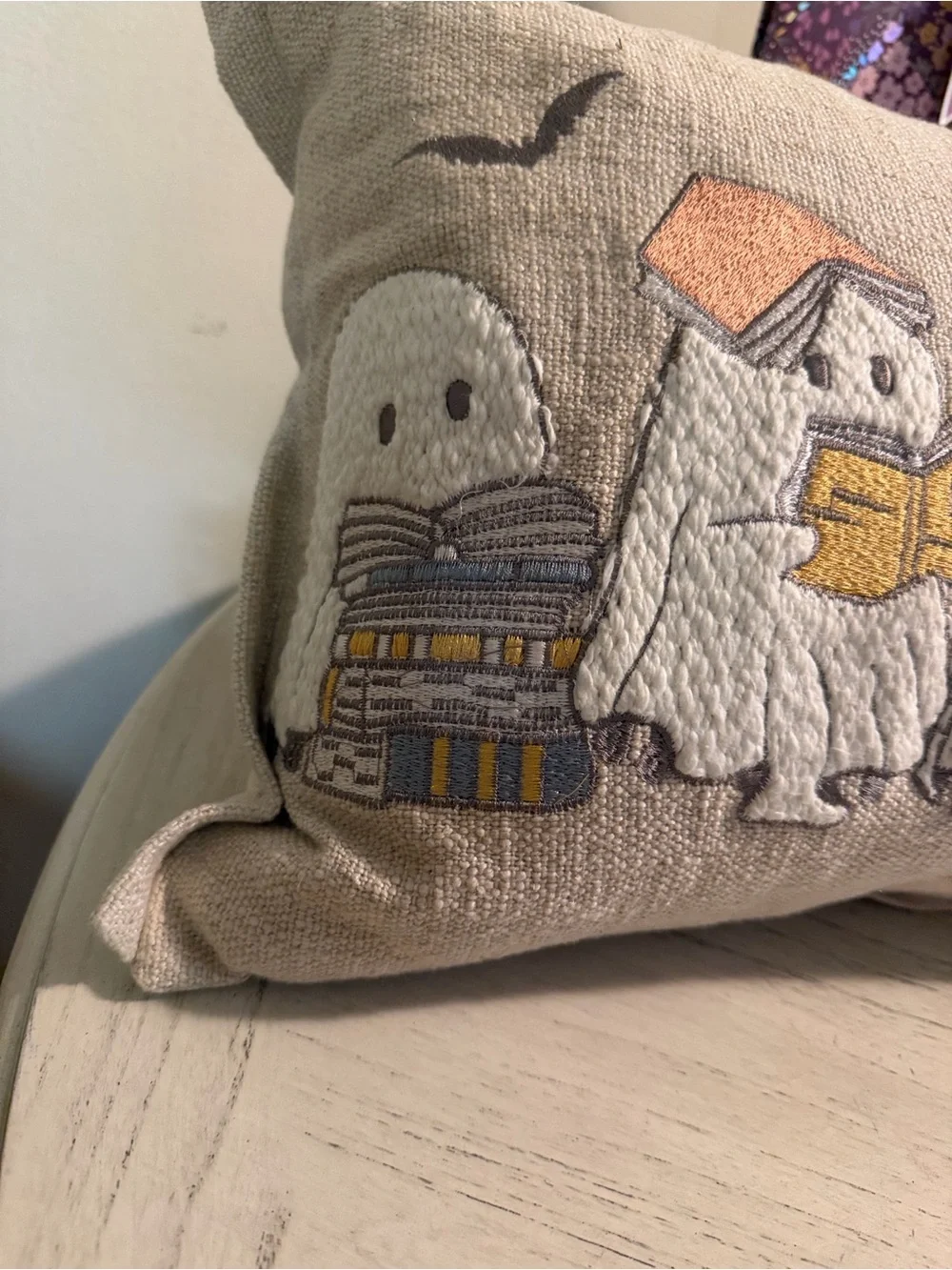 Halloween Ghosts Decorative Pillow - Neutral Beige with Orange & Black Accents